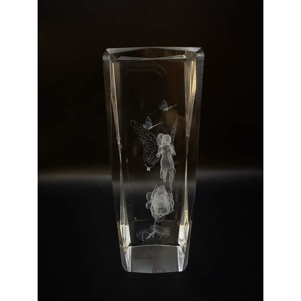 3D Crystal Block Laser‎ Engraved Fairy with Rose & Butterflies Figurine